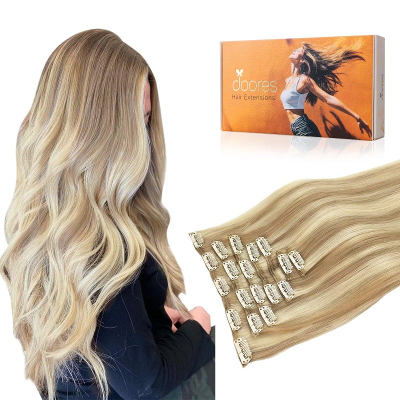 DOORES Clip in Human Hair Extensions Balayage Dark Blonde Highlighted Bleach Blonde 120g 7pcs 18 Inch Straight Thick Hair Extensions - Image 1