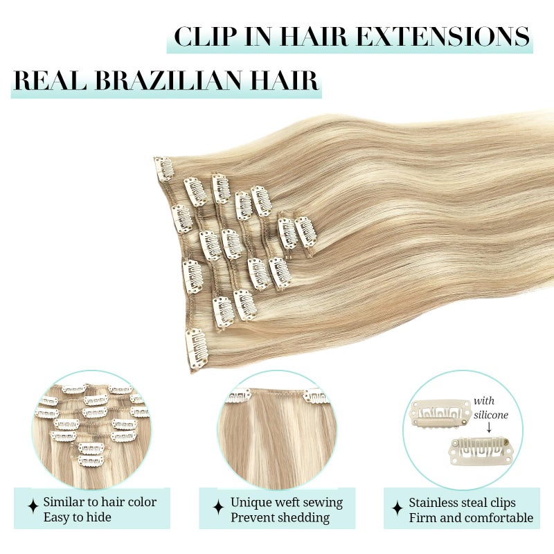 DOORES Clip in Human Hair Extensions Balayage Dark Blonde Highlighted Bleach Blonde 120g 7pcs 18 Inch Straight Thick Hair Extensions - Image 4