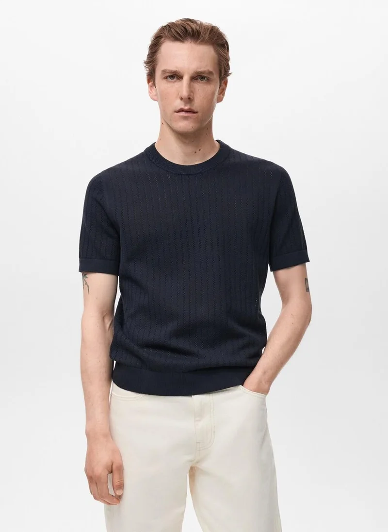 Mango Man Striped Openwork Cotton T-Shirt