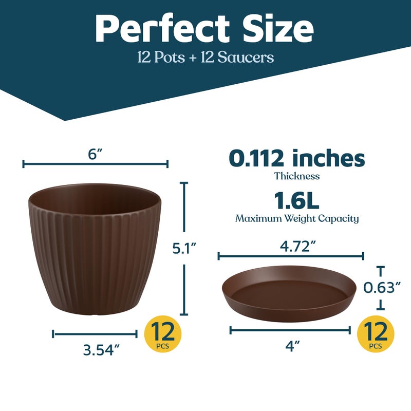 LifeMaster Brown 6-Inch Plant Pots with Drainage & Saucers 12 Pack, Indoor & Outdoor Planters for Houseplants, Herbs, and Flowers, Durable & Weatherproof Material, Stackable, Lightweight, Minimalist Design - Image 2