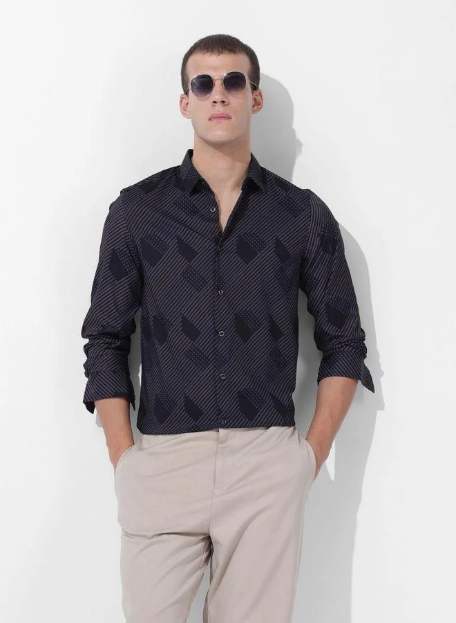 The Indian Garage Co Men Slim Fit Printed Cutaway Collar Full Sleeves Shirt