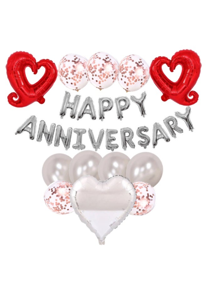 16inch Silver Happy Anniversary Banner Balloons with Red & Silver Heart Balloons and Latex Balloons for Party Decoration