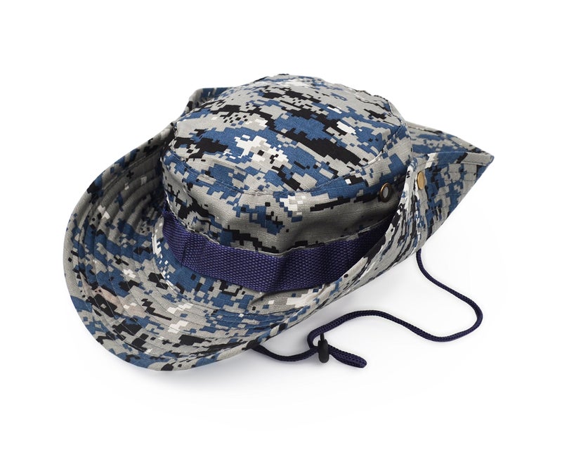 Outdoor Wide Brim Sun Protect Hat, Classic US Combat Army Style Bush Jungle Sun Cap for Fishing Hunting Camping Blue Digital 17