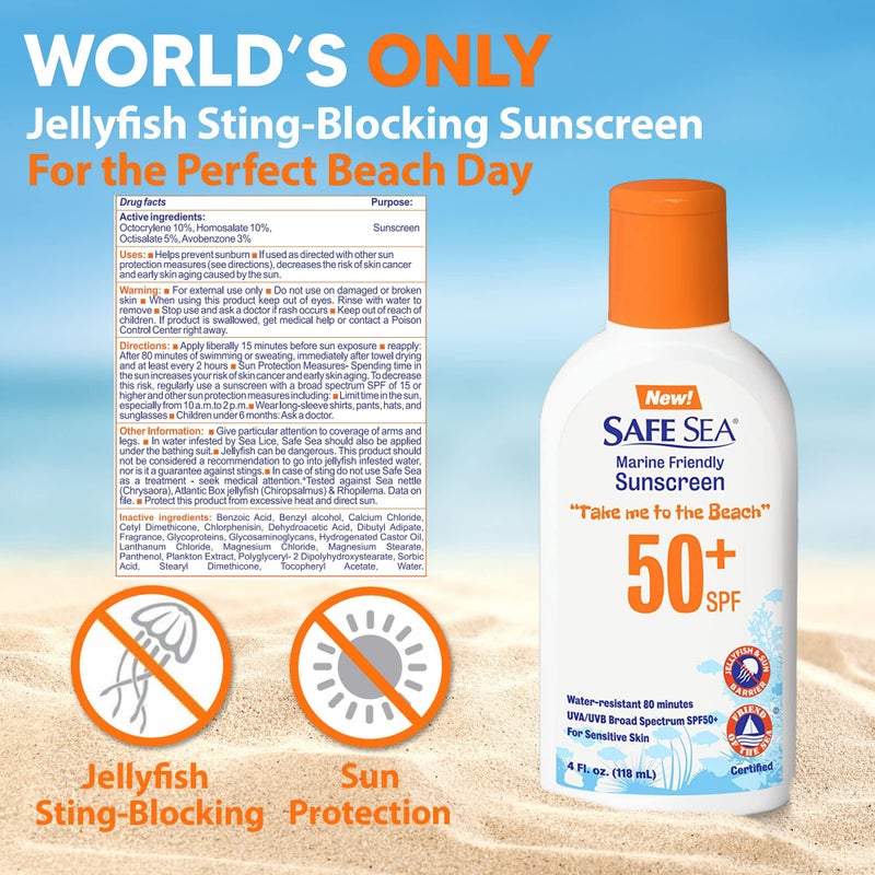Safe Sea Jellyfish Sting-Blocking Sunscreen, SPF 50+ Lotion 4oz, Waterproof, Biodegradable, Coral Reef-Safe â€“ Body and Face Sunscreen, Anti-Jellyfish and Sea-Lice sting protection. 4 Fl Oz (Pack of 2) - Image 2