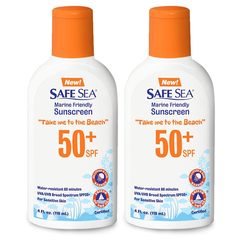 Safe Sea Jellyfish Sting-Blocking Sunscreen, SPF 50+ Lotion 4oz, Waterproof, Biodegradable, Coral Reef-Safe â€“ Body and Face Sunscreen, Anti-Jellyfish and Sea-Lice sting protection. 4 Fl Oz (Pack of 2) - Image 1