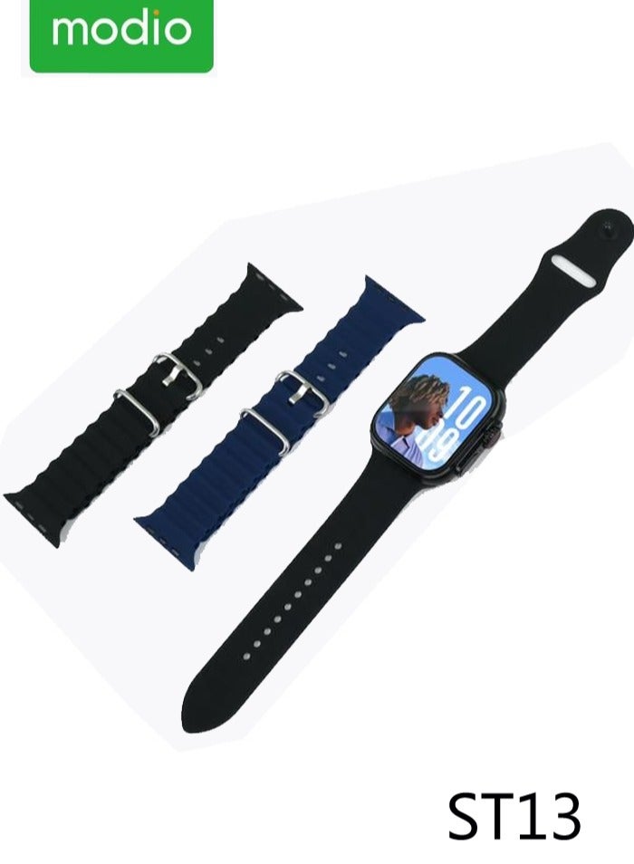 موديو ساعة ذكية موديو ST13 بشاشة كاملة مقاس 2.2 بوصة وفتحة لبطاقة SIM و3 أزواج من الأساور وكابل شحن مصممة للنساء والرجال باللون الأسود - Image 2