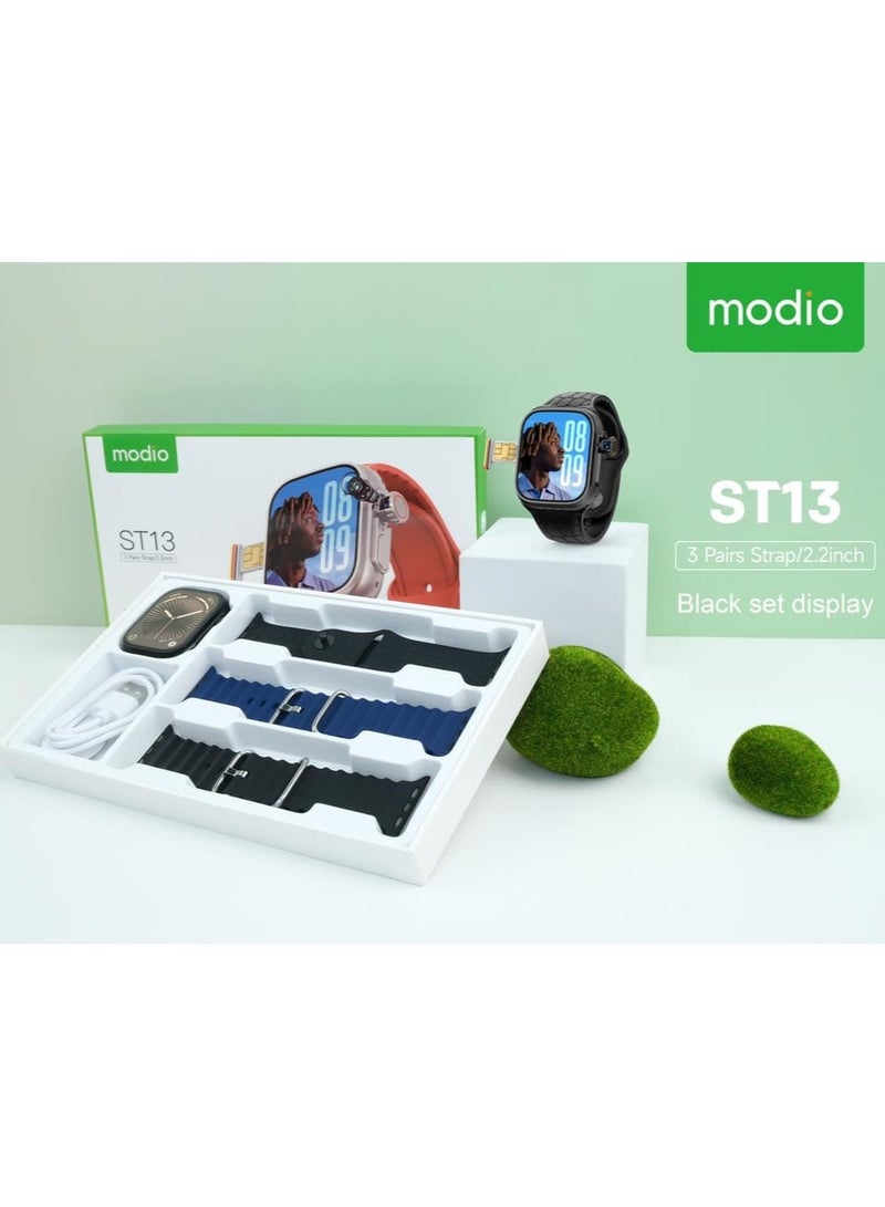 موديو ساعة ذكية موديو ST13 بشاشة كاملة مقاس 2.2 بوصة وفتحة لبطاقة SIM و3 أزواج من الأساور وكابل شحن مصممة للنساء والرجال باللون الأسود - Image 3