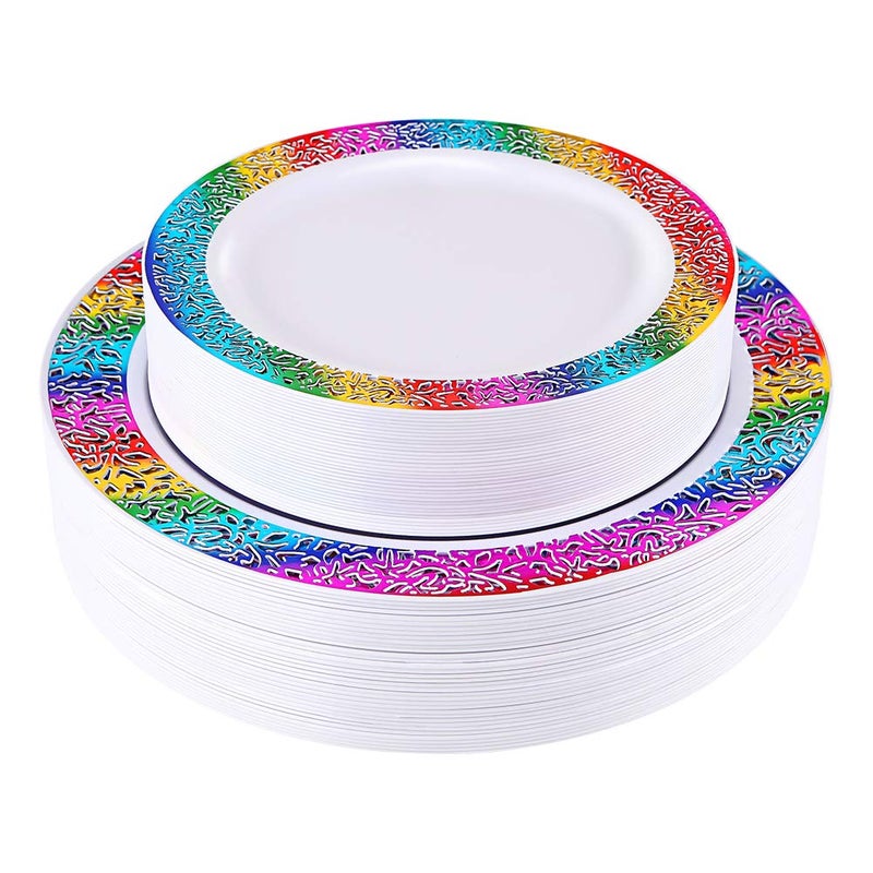 supernal 60pcs Rainbow Plastic Plates, Disposable Lace Plates, Tie-dye Plate, Birthday Party Plate Include 30 Dinner Plate,30 Salad Plate,Perfect for Birthday,Party,Wedding