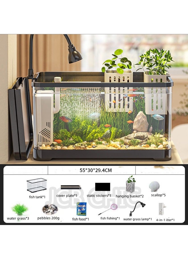 JCB CHIC Fish Tank, Small Aquarium Tank Kit with Water Grass Lamp & Oxygen Water Pump Filter for Starters, Clear Plastic Fish Tank for Betta Fish Goldfish and Turtle(L)