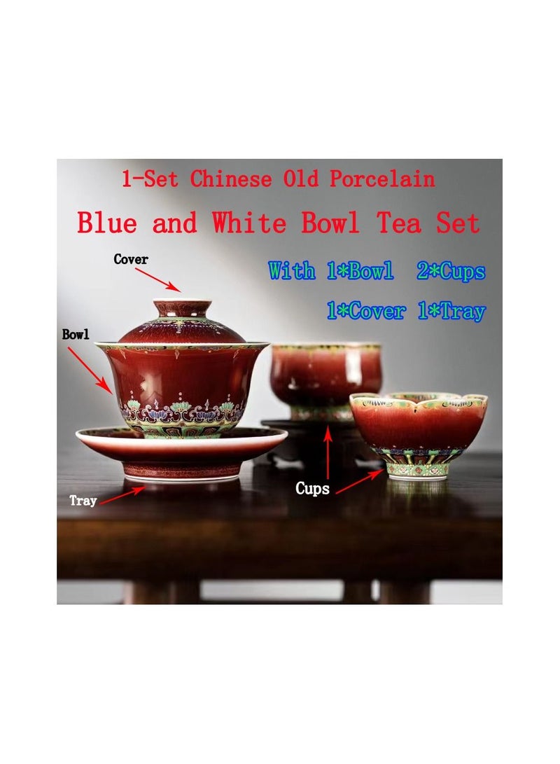 1-Set Chinese Old Porcelain Blue and White Bowl Tea Set,Chinese Tea Bowl with Cover Tray and Cups,Chinese Traditional Handicraft Ceramic Tea Set  - Image 1