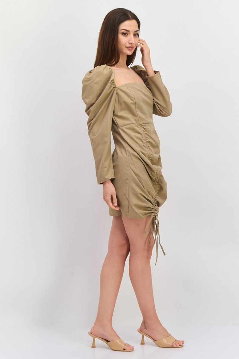 Missguided Women Petite Ruched Mini Dress, Khaki - Image 3