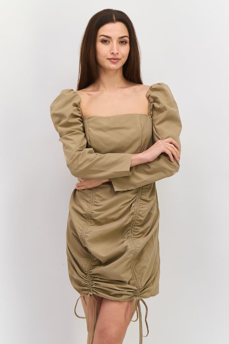 Missguided Women Petite Ruched Mini Dress, Khaki - Image 2