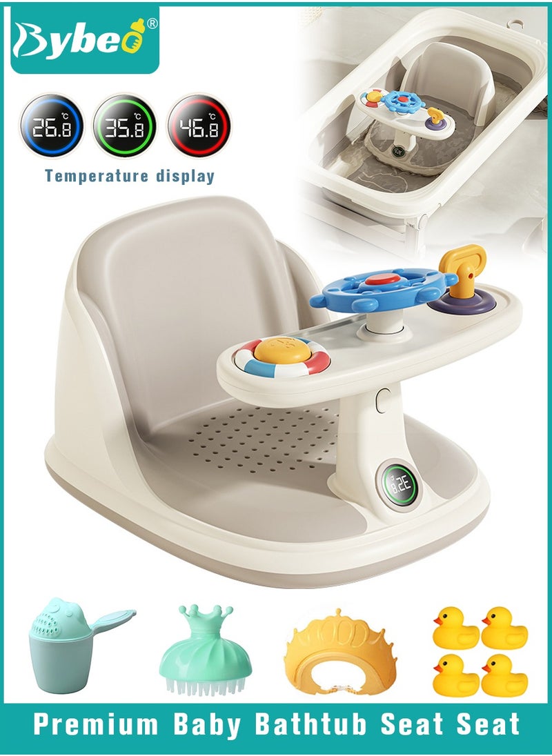 Bybeo - Baby Bath Seat, Baby Bathtub Seat with Water Thermometer, Infants Bathtub Chair with toys tray/ Strong Suction Cup/Non-Slip Soft Mat, Baby Bath Must-Have, with Shampoo Cap/Cup/Brush, Four ducky toys - Image 1
