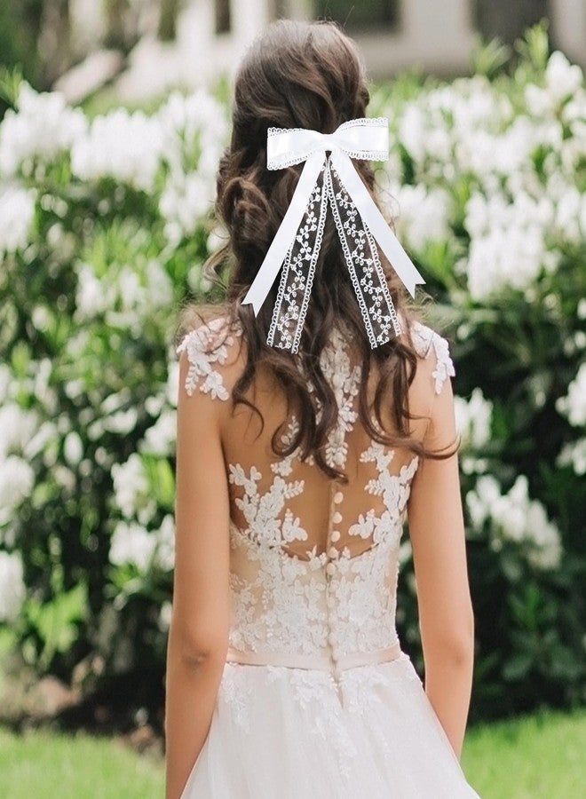 Miroksh White Lace Ribbon Hair Bow Clips with Long Tail 5.5" Large Lace Alligator Barrettes Hairpins for Women Girls,Wedding Communion Bachelorette Party Dress Decor Accessories, Bridal Shower Gift - Image 4