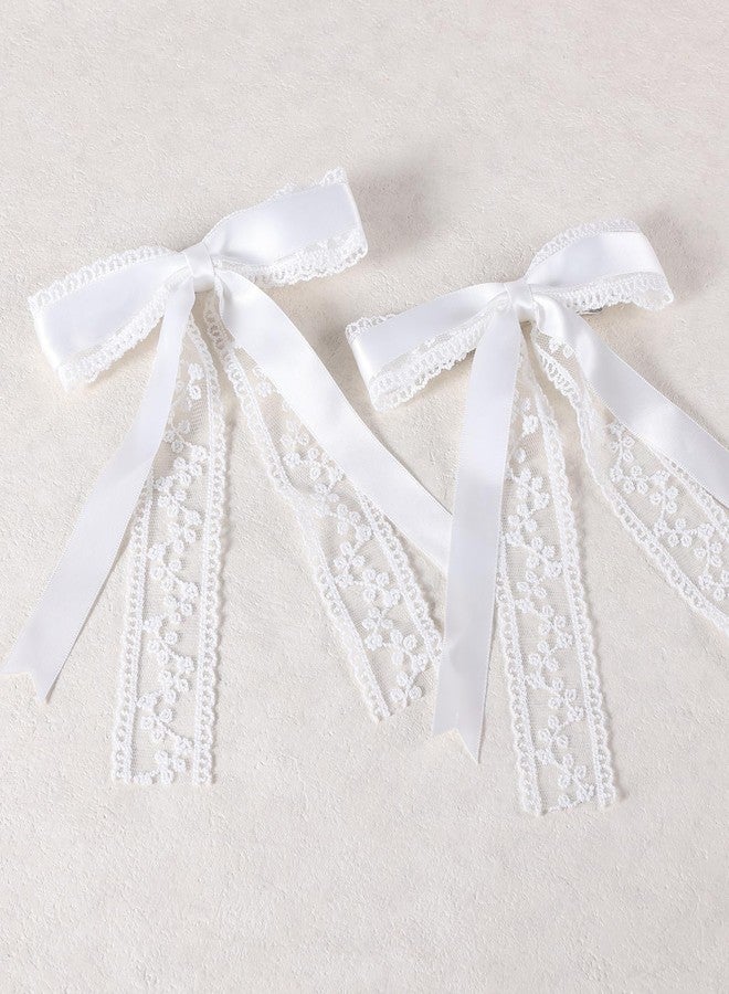 Miroksh White Lace Ribbon Hair Bow Clips with Long Tail 5.5" Large Lace Alligator Barrettes Hairpins for Women Girls,Wedding Communion Bachelorette Party Dress Decor Accessories, Bridal Shower Gift - Image 1