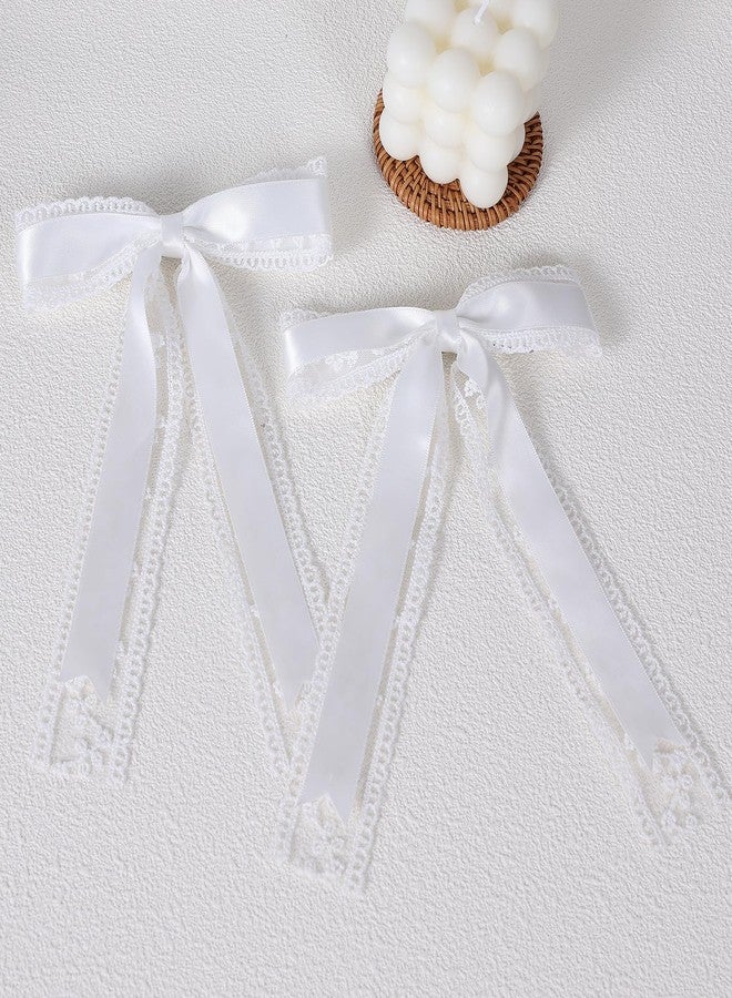 Miroksh White Lace Ribbon Hair Bow Clips with Long Tail 5.5" Large Lace Alligator Barrettes Hairpins for Women Girls,Wedding Communion Bachelorette Party Dress Decor Accessories, Bridal Shower Gift - Image 2