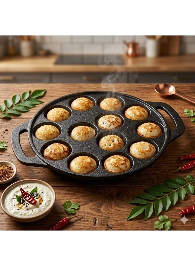 ديسينت مقلاة أبام من الحديد الزهر - مقلاة/صانعة أبام - مقلاة بان كيك بـ 12 فتحة، صانعة كبة وفلافل، أباتشاتي، مقلاة أبي، مقلاة بانيارام، أواني طهي متينة من الحديد الزهر بوزن 2 كجم، متبلة مسبقًا، مناسبة للغاز والحث - Image 5