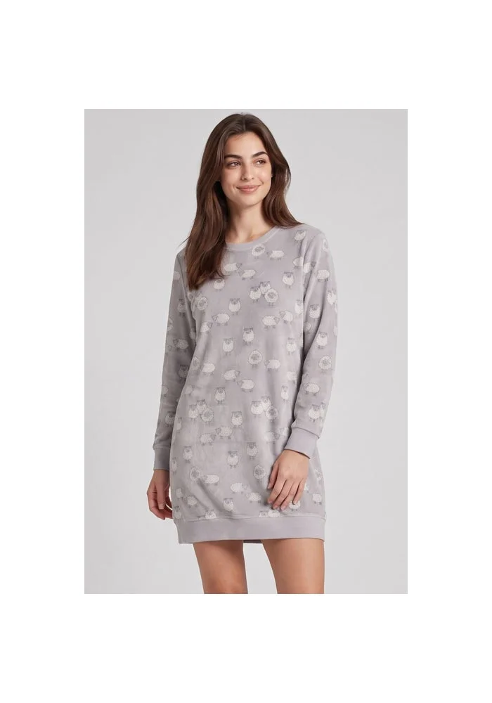 R&b Sheep Print Fleece Nightdress with Long Sleeves