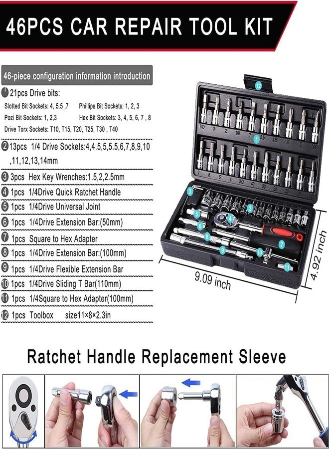 HELLARO 46 in 1 Pcs Tool Kit & Screwdriver & 1/4'' Square Drive Metric Socket Set Extension Bar and Adapter for Bike, Car Repairs (46-Pieces) - Image 3