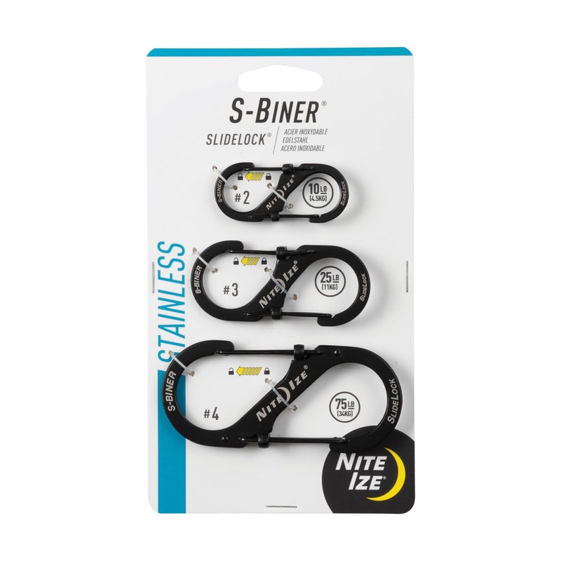 Nite Ize S-Biner SlideLock Stainless Steel Dual Locking Carabiner - S-Biner Key Holder with Locking Gate - Carabiner Organizer for Keys & Camping Accessories - Assorted Sizes, Black (3 Pack) - Image 1