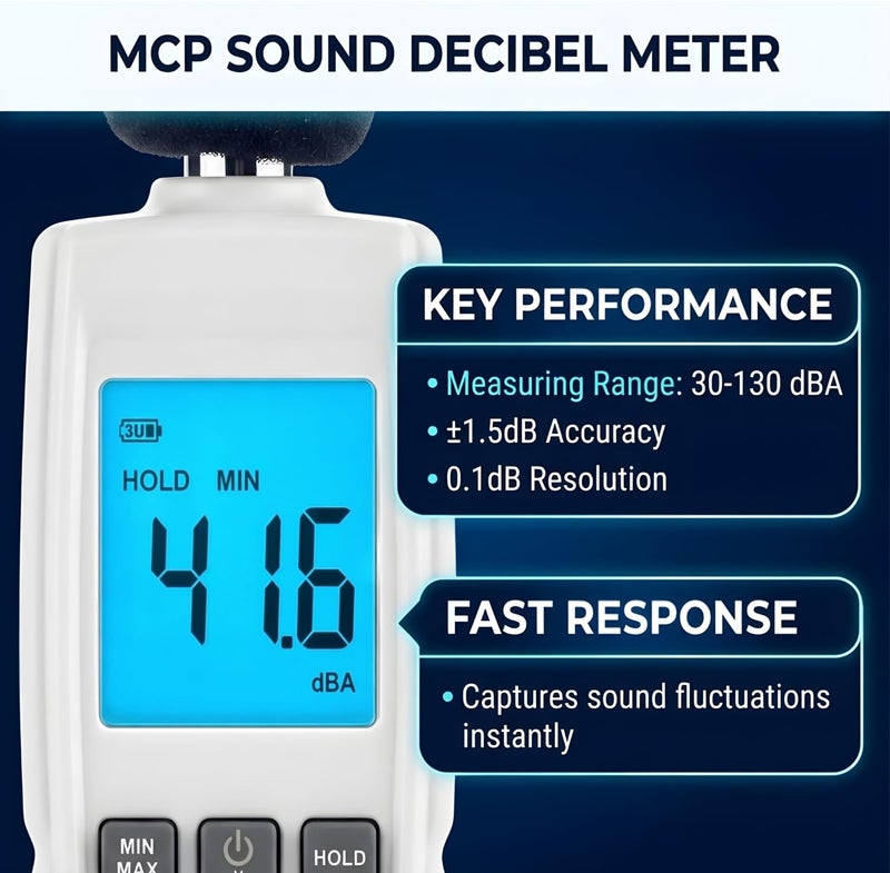 MCP Sound Decibel Meter, MCP Digital Mini Sound Pressure Level Meter, Audio Noise Measurement 30-130dBA,MAX/MIN Hold,Auto Backlight Display - Image 2