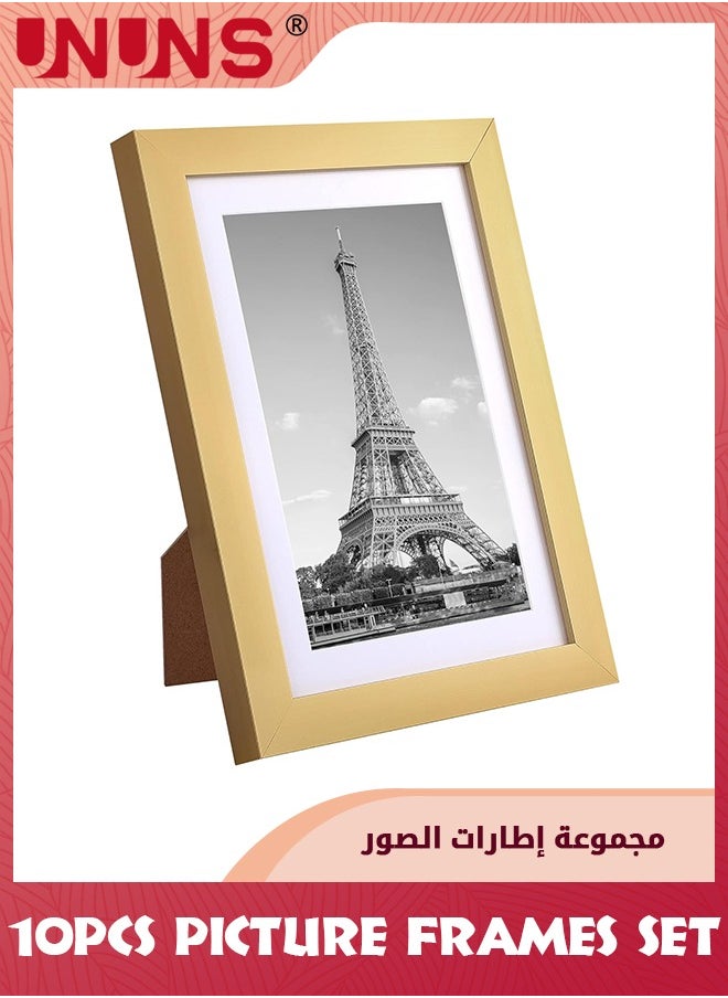 UNUNS - Picture Frame Set of 10, 5x7 Inch Picture Frames,Display Pictures 4x6 Inch With Mat Or 5x7 Inch Without Mat,Multi Photo Frames Collage For Wall Or Tabletop Display,Gold - Image 1