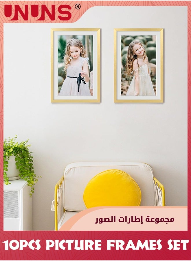 UNUNS - Picture Frame Set of 10, 5x7 Inch Picture Frames,Display Pictures 4x6 Inch With Mat Or 5x7 Inch Without Mat,Multi Photo Frames Collage For Wall Or Tabletop Display,Gold - Image 1