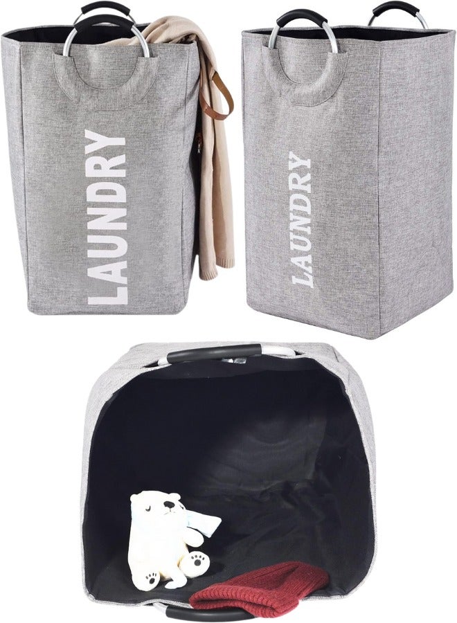 Large Collapsible Laundry Hamper with Alloy Handles, Foldable Heavy Duty Laundry Basket, Thicken Clothes Basket for College, Camping and Home - Grey - Image 2