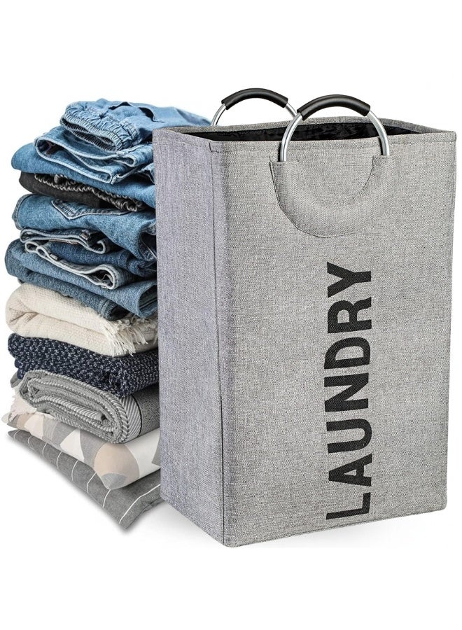 Large Collapsible Laundry Hamper with Alloy Handles, Foldable Heavy Duty Laundry Basket, Thicken Clothes Basket for College, Camping and Home - Grey - Image 1