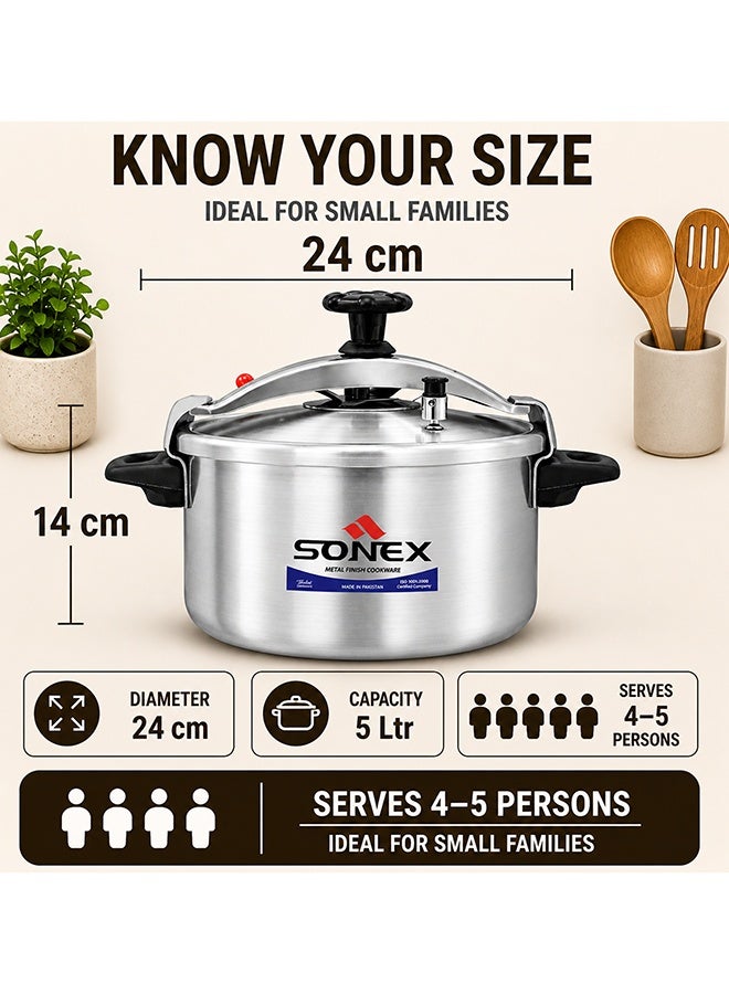 SONEX 5Liters SONEX Classic Aluminium Pressure Cooker 5 Liter (24 cm), Heavy Duty Metal Finish Cooker, Family Size, Inner Lid Locking System, Fast & Even Cooking, Ideal for Rice, Curry & Daily Cooking Silver - Image 2