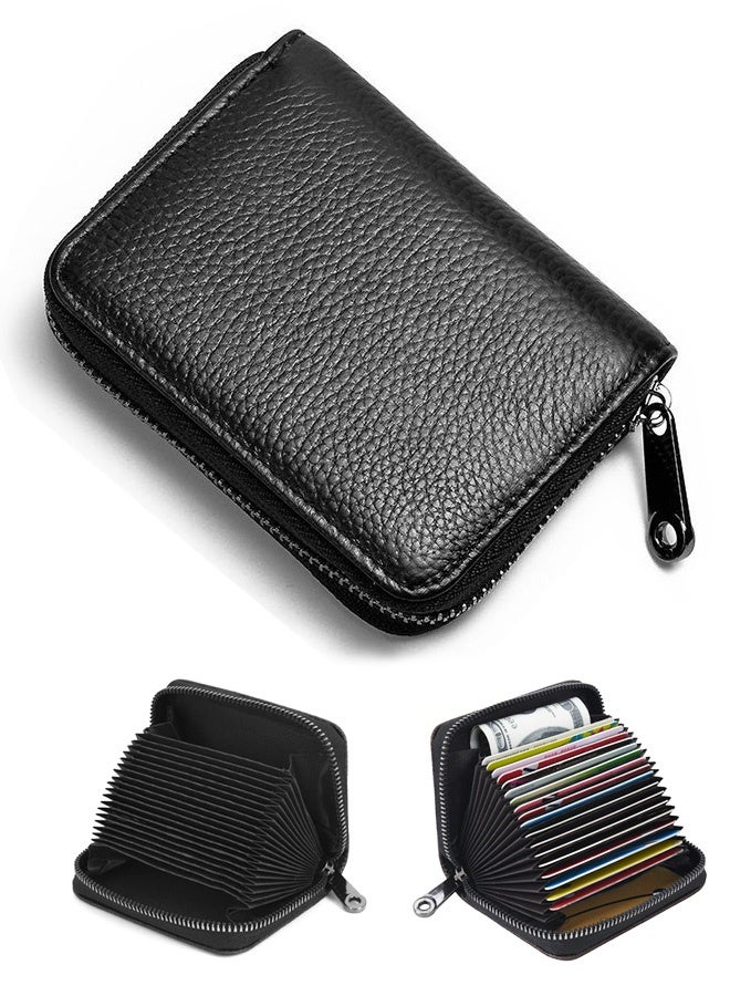 حاملات بطاقات ائتمان سوداء للنساء والرجال، حافظة بطاقات جلدية مزودة بـ 20 فتحة لبطاقات RFID، محفظة بطاقات ائتمان صغيرة للنساء، حافظة محافظ أكورديون صغيرة بسحاب - Image 1