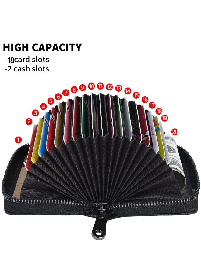 حاملات بطاقات ائتمان سوداء للنساء والرجال، حافظة بطاقات جلدية مزودة بـ 20 فتحة لبطاقات RFID، محفظة بطاقات ائتمان صغيرة للنساء، حافظة محافظ أكورديون صغيرة بسحاب - Image 3