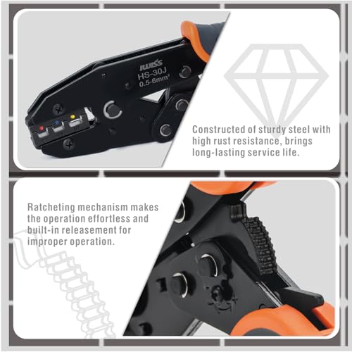 IWISS iCrimp Ratchet Wire Crimping Tool Set, 5 Interchangeable Jaws for Heat Shrink,Insulated Nylon,Non-Insulated Terminals AWG20-2, Wire Stripper included - Image 4