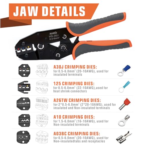 IWISS iCrimp Ratchet Wire Crimping Tool Set, 5 Interchangeable Jaws for Heat Shrink,Insulated Nylon,Non-Insulated Terminals AWG20-2, Wire Stripper included - Image 3
