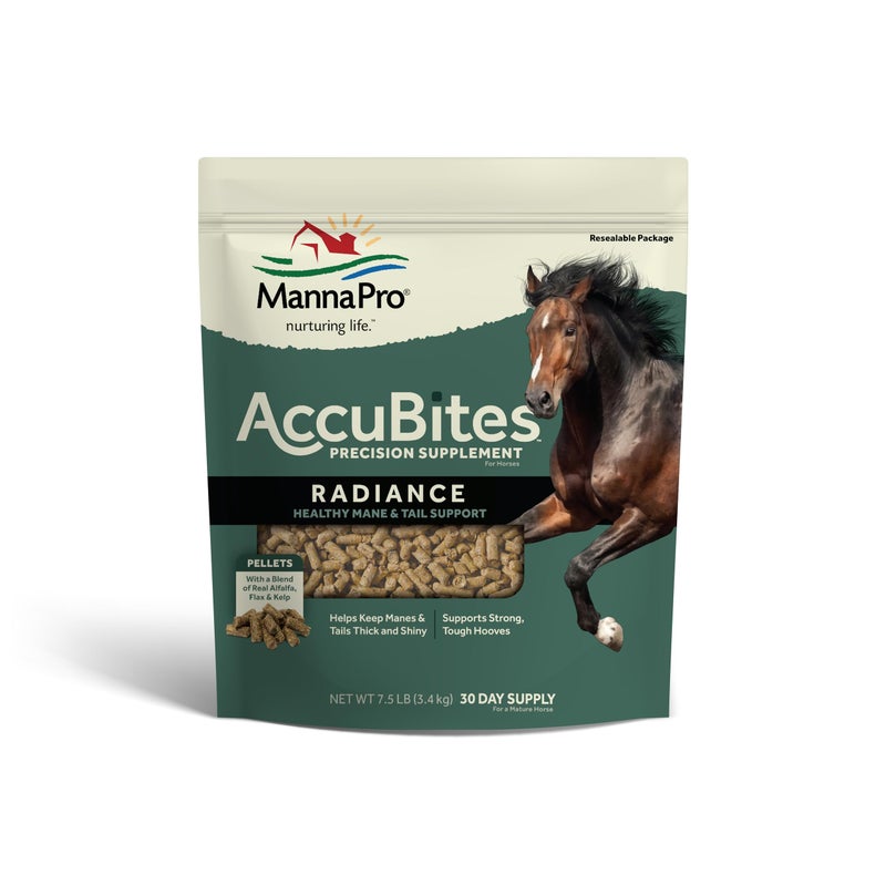 Manna Pro AccuBites Radiance Equine Supplement - Skin & Coat, Essential Vitamins & Hoof Health for Horses - Packed with Omega 3, 6, & Biotin - Main & Tail Maintenance - Alfalfa Flavored - 7.5 lbs - Image 1