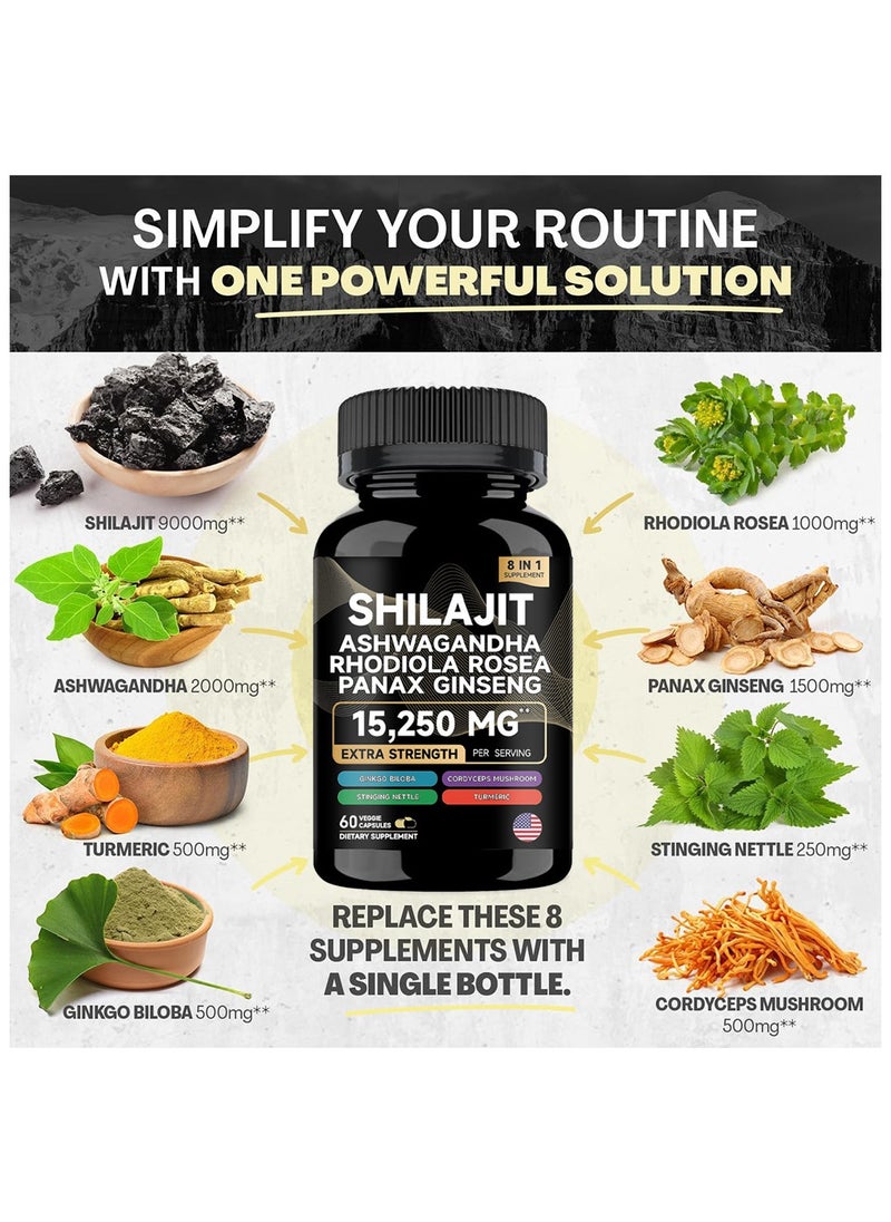شيلاجيت آر إكس 9000mg الهيمالايا الصرفة shilachite 2000mg , ashwagandha الداعم للطاقة ، 1000mg رهوديولا ، 1500mg الجينسنغ ، 500mg الكركم ، 500mg الجنكه بيلوبا ، 250mg القراص الشائكة  - Image 3