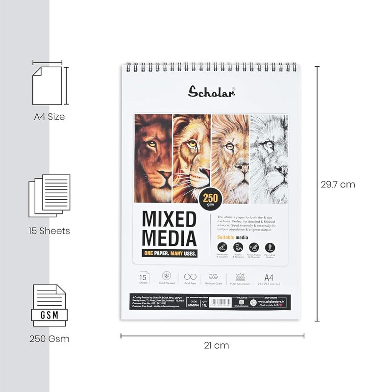 Scholar Mixed Media Pad (250 GSM Cold Pressed Medium Grain) (Wiro) (A4) (MMW4) - Image 2