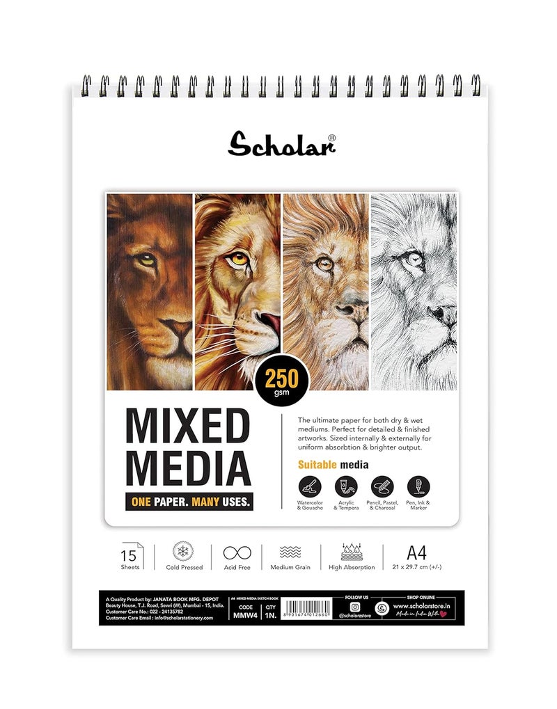 Scholar Mixed Media Pad (250 GSM Cold Pressed Medium Grain) (Wiro) (A4) (MMW4) - Image 1