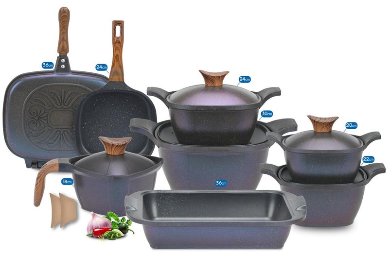 14 Piece Korean Design Granite Set Square, Neoklein Kitchen Cookware Set, Healthy, Non-Stick, Round, Made Of Granite, Consisting Of 9 Pieces, 3 Pots + Wok + Casserole + Double Grill 3 Pots (20-24-30) + Wok 30 + Roaster 36 + Double Grill 36-Ocean