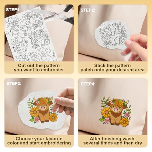 DOODLREAM 21Pcs Highland Cow Flower Water Soluble Hand Sewing Stabilizers, 8.3"x11.7" Cute Highland Cow Embroidery Pattern Stabilizer, 4 Sheets Floral Cows Stick and Stitch Embroidery Paper Sticker - Image 4