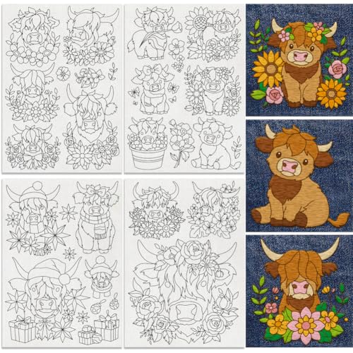 DOODLREAM 21Pcs Highland Cow Flower Water Soluble Hand Sewing Stabilizers, 8.3"x11.7" Cute Highland Cow Embroidery Pattern Stabilizer, 4 Sheets Floral Cows Stick and Stitch Embroidery Paper Sticker - Image 1