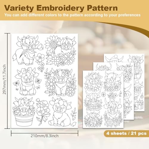 DOODLREAM 21Pcs Highland Cow Flower Water Soluble Hand Sewing Stabilizers, 8.3"x11.7" Cute Highland Cow Embroidery Pattern Stabilizer, 4 Sheets Floral Cows Stick and Stitch Embroidery Paper Sticker - Image 2