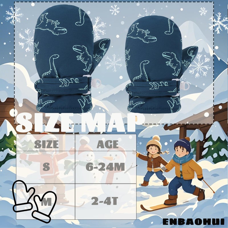 ENBAOHUI Baby GlovesToddler Snow Glove Waterproof Mittens Fleece Lined Winter Warm Glove Kids Snow Infant Ski Mitten for Baby Boys Girls Colorful Dino/Peacock Blue Dino 2-4T - Image 2
