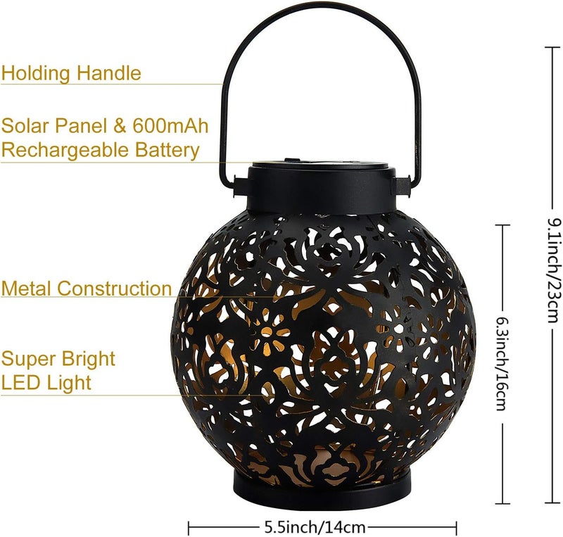 EXCMARK 2 Pack Outdoor Solar Hanging Lantern Lights Metal LED Decorative Lamp for Garden Patio Courtyard Lawn and Table with Hollowed-Out Design (Black) - Image 3