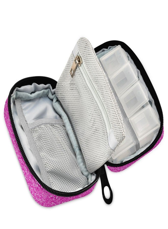 Pfrewn Magenta Hot Pink Fuchsia Glitter Sparkle Pill Organizer Case 7 Day Small Cute Bling Travel Pill Box with Zipper Portable Weekly Vitamin Medicine Supplement Holder Pouch Bag - Image 2
