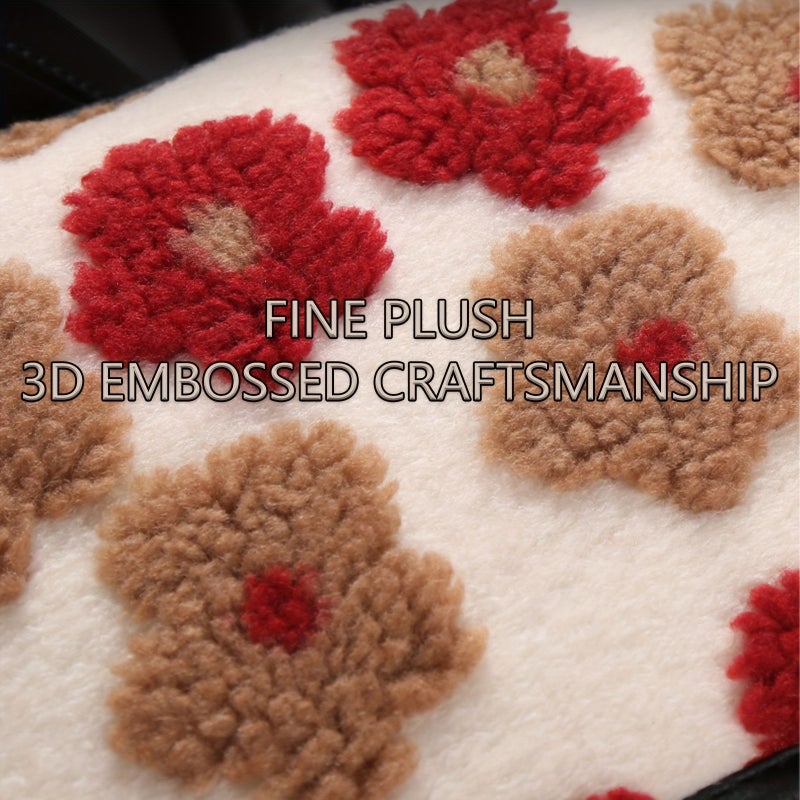 Short Pink Plush Floral Car Center Armrest Box Pad Winter Warm Artificial Fur Interior Accessory - Image 3