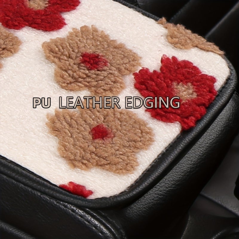 Short Pink Plush Floral Car Center Armrest Box Pad Winter Warm Artificial Fur Interior Accessory - Image 4