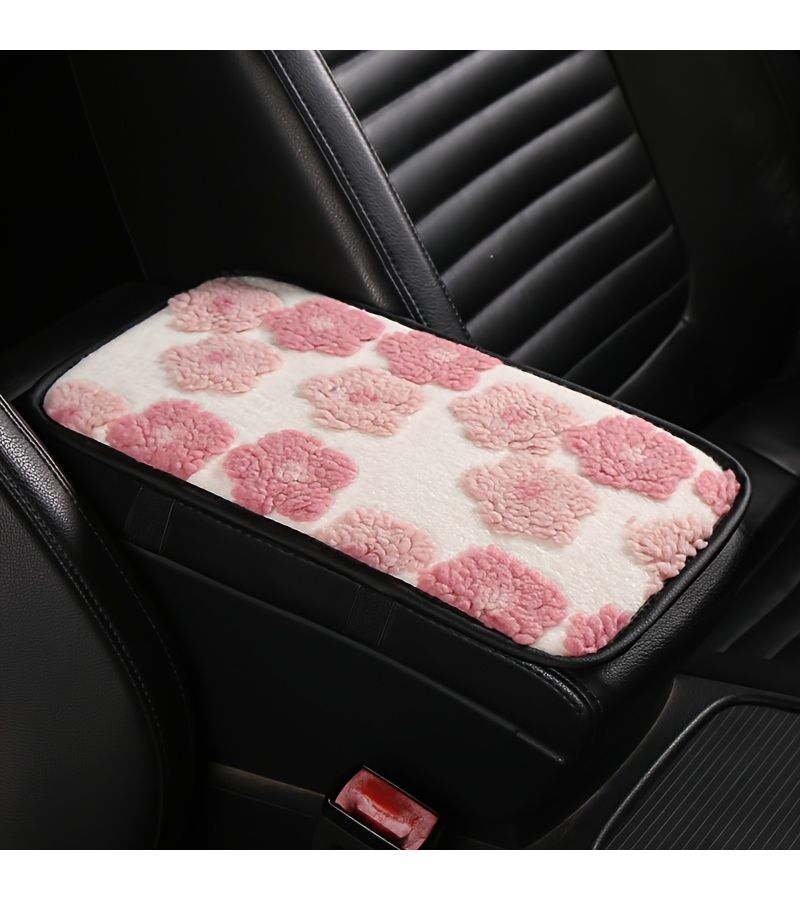 Short Pink Plush Floral Car Center Armrest Box Pad Winter Warm Artificial Fur Interior Accessory - Image 1