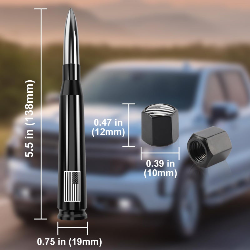 Engirette Car Truck Antenna with Valve Stem Cap American Flag Universal Short Replacement for GMC Sierra Chevy Silverado Dodge Ram 1500 2500 3500 Ford F150 F250 F350 Super Duty Raptor Accessories, Chrome - Image 2