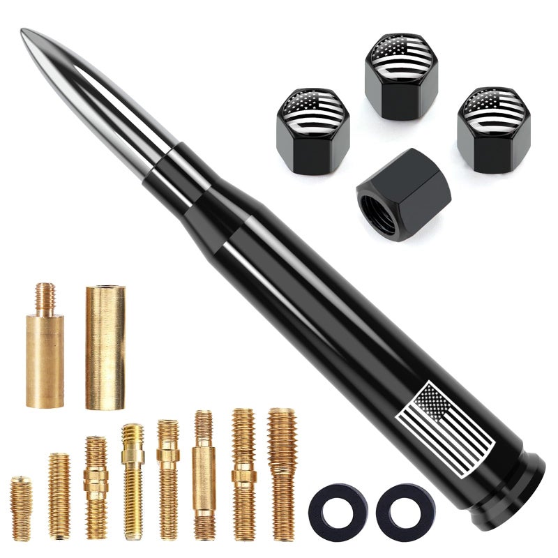 Engirette Car Truck Antenna with Valve Stem Cap American Flag Universal Short Replacement for GMC Sierra Chevy Silverado Dodge Ram 1500 2500 3500 Ford F150 F250 F350 Super Duty Raptor Accessories, Chrome - Image 1
